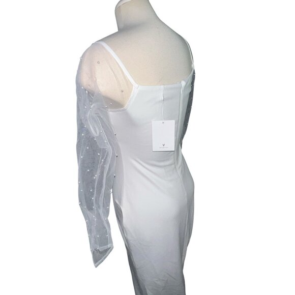 Lulus Eternally Beloved White Mesh Off-the-Shoulder Pearl Maxi Wedding Dress Sz - Picture 12 of 16